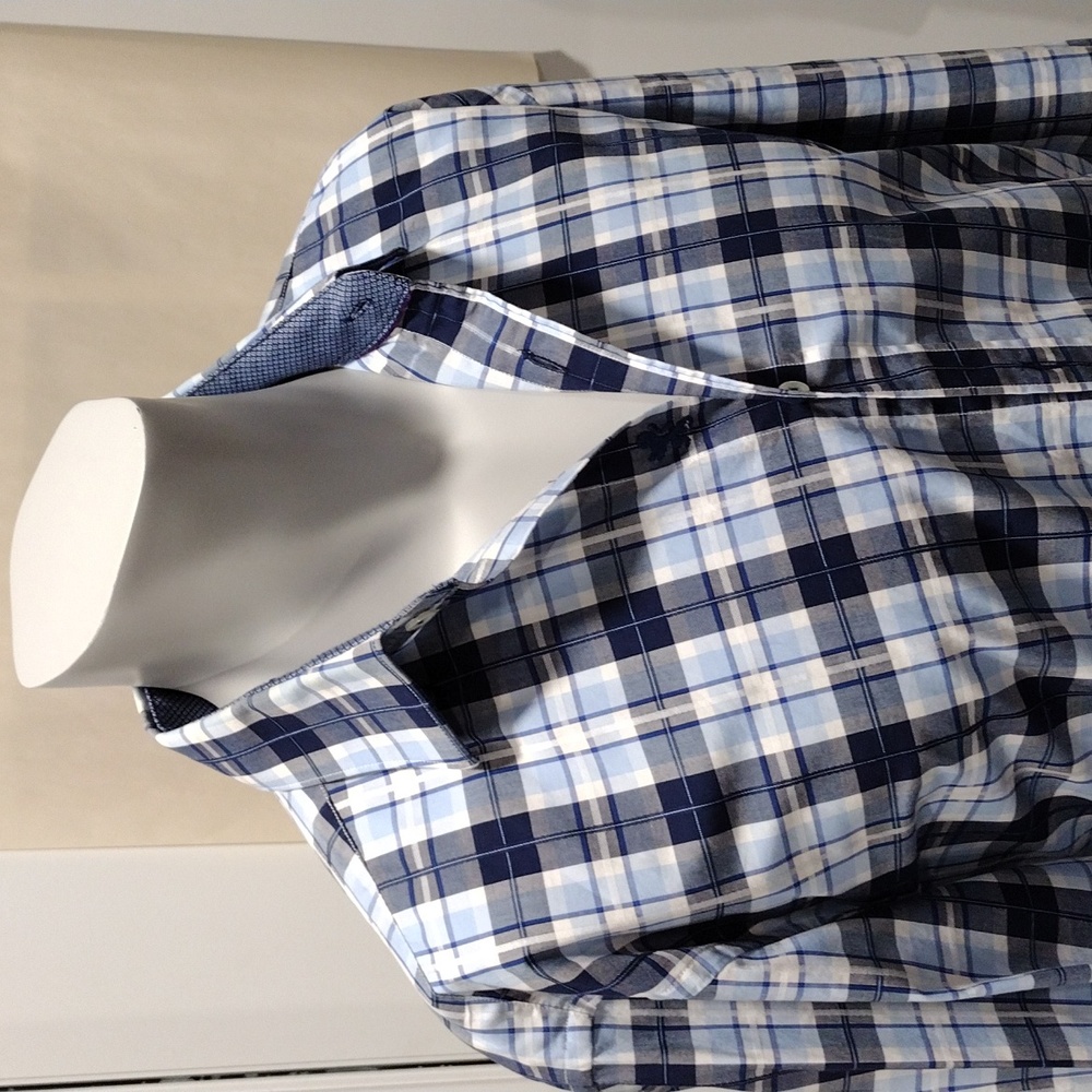Bugatchi mens blue and white plaid cotton shirt. Large